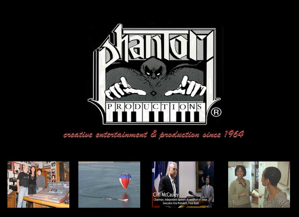Phantom Production's logo with 4 small pictures below showing the Phantom Studio, entertainment and hot air balloon DVDs