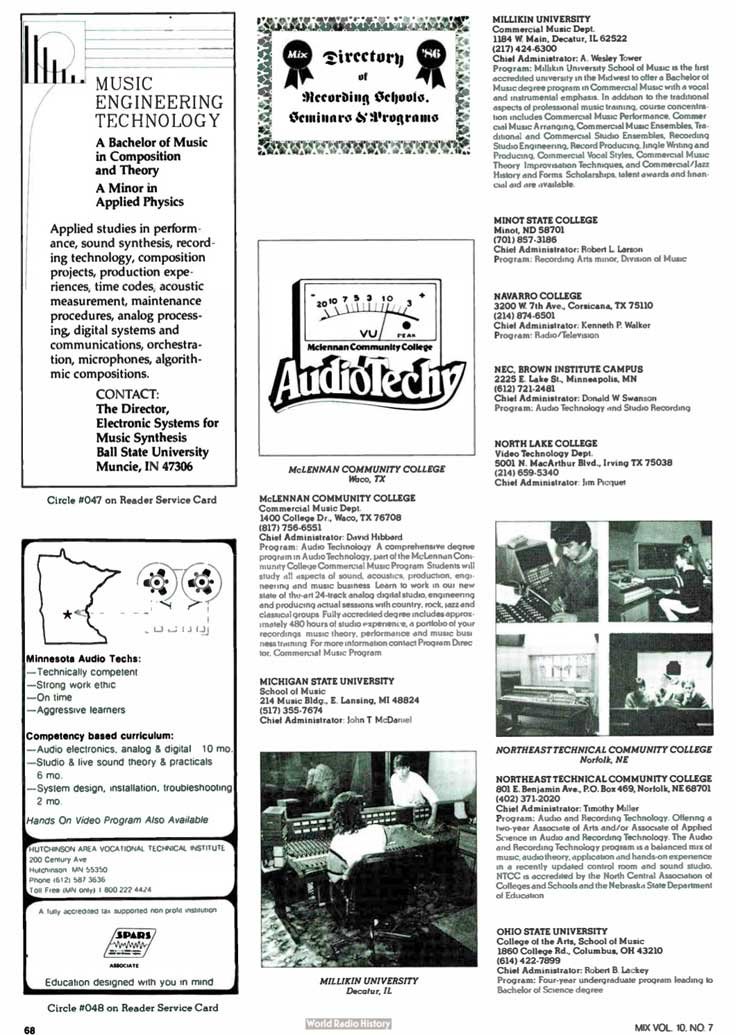 1986 MIX magazine Education Directory for the Central US in the Museum of Magnetic Sound Recording/Reel2ReelTexas/Theophilus vinyage recording collection
