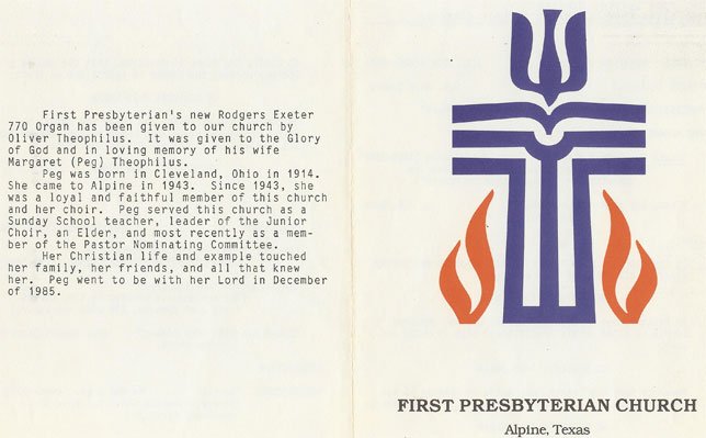 After Martin's Mom passed away in December of 1985, his Dad donated a new organ to the Alpine First Presbyterian church in her name. This is the church's program from the organ's dedication.