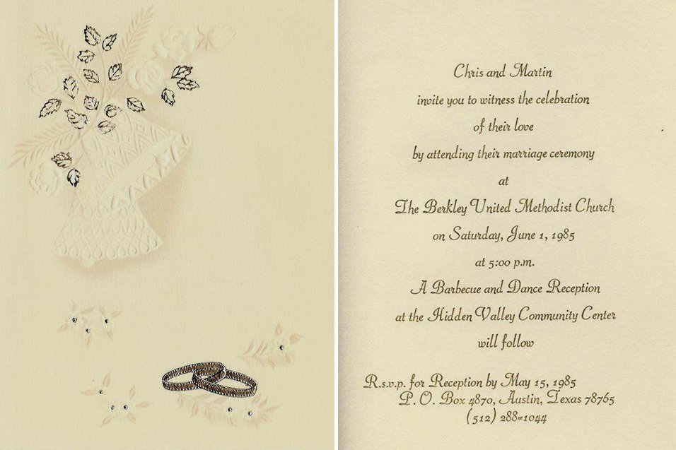 Chris & Martin's wedding invitation for June 1, 1985 in Austin, Texas
