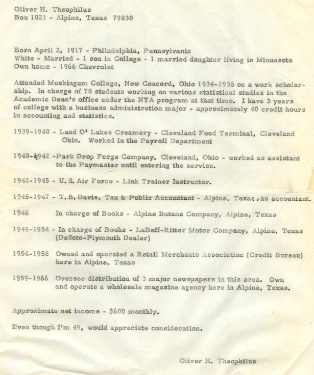 Martin's Dad's letter / resume in 1969. He continued to be selfemployed and grew the magazine distribution and Hallmark book store into a successful business.