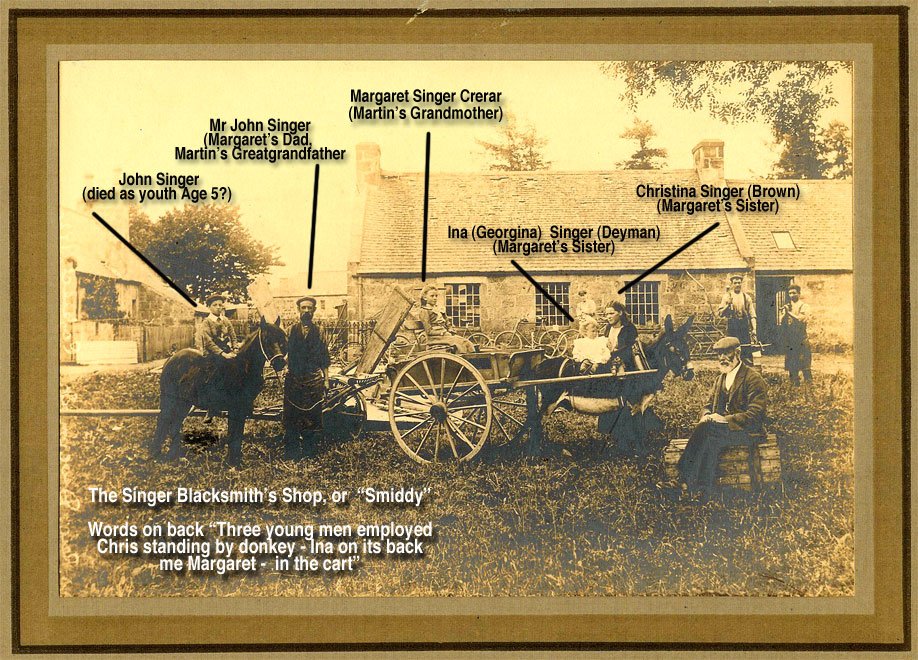 The Singer Blacksmith’s Shop, or “Smiddy” Words on back “Three young men employed Chris standing by donkey - Ina on its back me Margaret - in the cart”