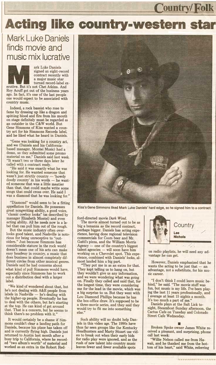 article about Mark Luke Daniels (originally managed by Phantom Productions,Inc.) signing the record contract with Gene Simmons of KISS