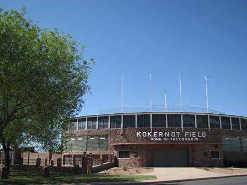 Kokernot Field baseball park in Alpine, Texas as seen from the parking lot