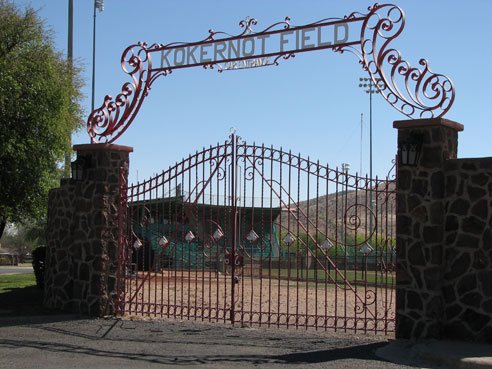 Kokernot Field baseball park in Alpine, Texas looking at the Northwest gate