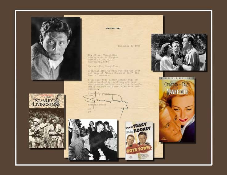 December 1,1939 My dear Mr. Theophilus: I should like to wish you and the cast and crew of "Three Cornered Moon" the best of success. I am sure this clever comedy will be enthusiastically received, and hope future productions of the Triangle Guild Players will meet with continued success. Sincerely yours, Spencer Tracy. Picture also shows scenes of Spencer Tracy in Stanley and Livingstone, Boys Town and Mannequin with Joan Crawford and Spencer Tracy.